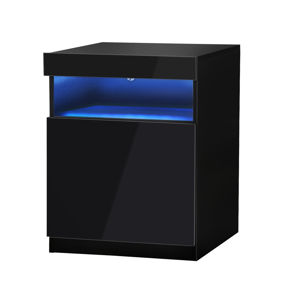 Black Bedside Table LED Nightstand with Shelf