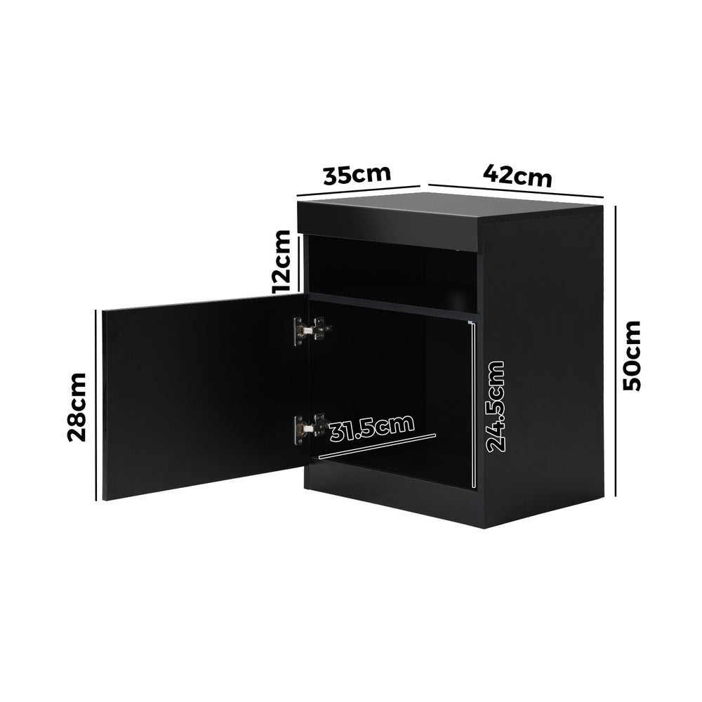 Black Bedside Table LED Nightstand with Shelf