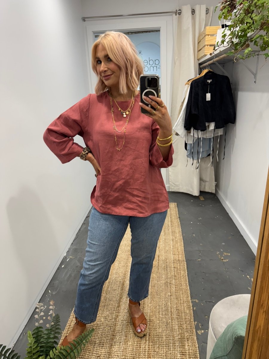 Linen Long Sleeve Top in Antique Red