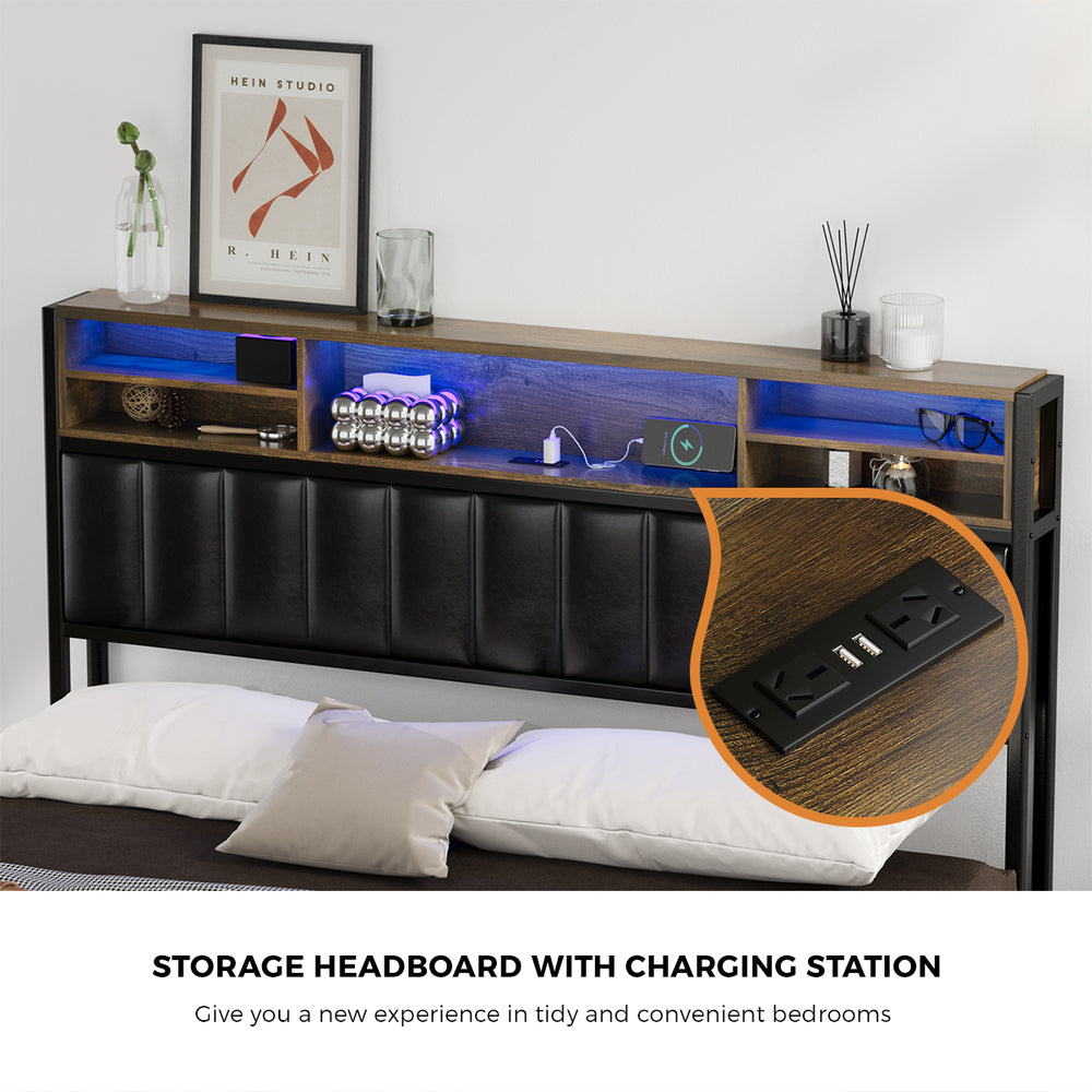 Queen Size Black Leather Bed Frame with LED Storage Bedhead