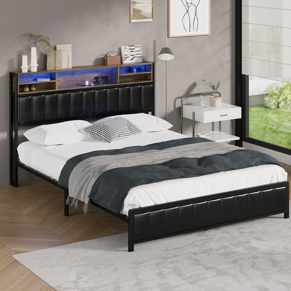 Queen Size Black Leather Bed Frame with LED Storage Bedhead