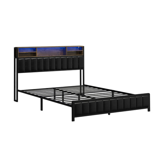 Queen Size Black Leather Bed Frame with LED Storage Bedhead