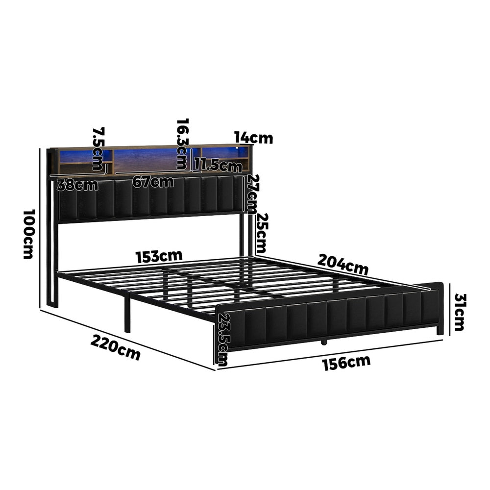 Queen Size Black Leather Bed Frame with LED Storage Bedhead