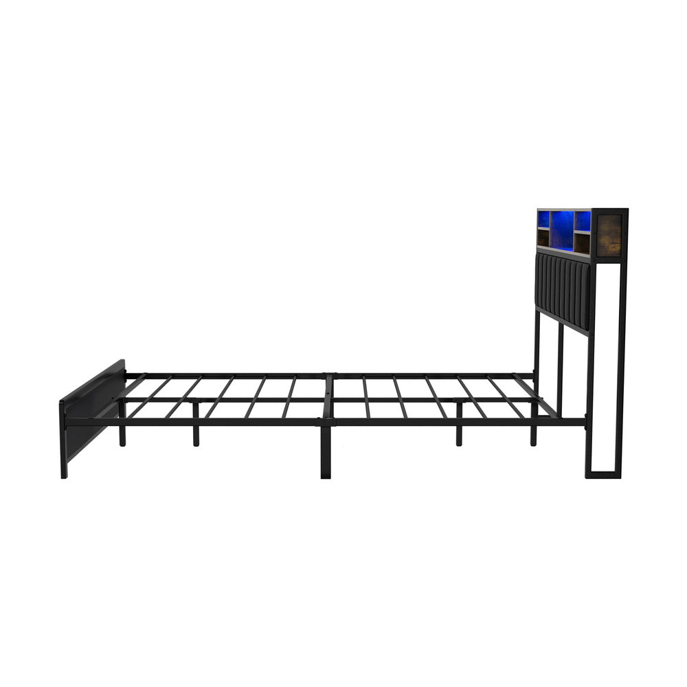 Queen Size Black Leather Bed Frame with LED Storage Bedhead