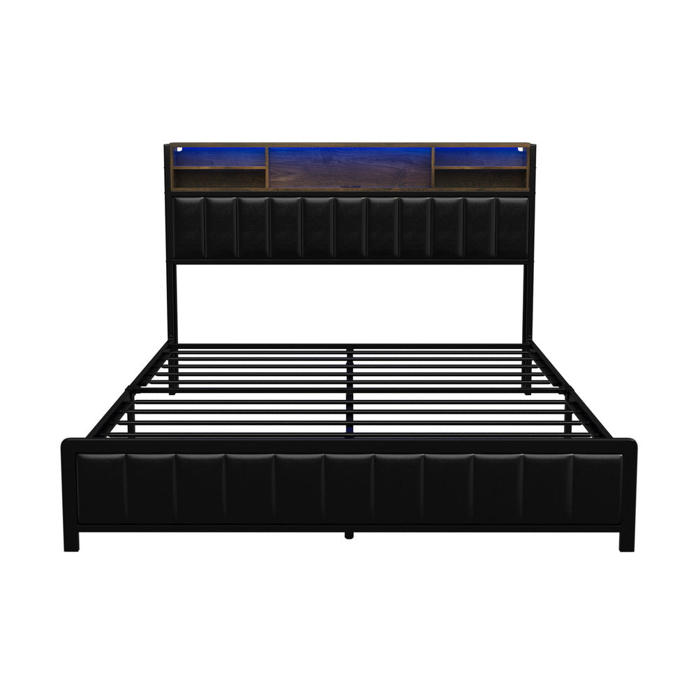 Queen Size Black Leather Bed Frame with LED Storage Bedhead