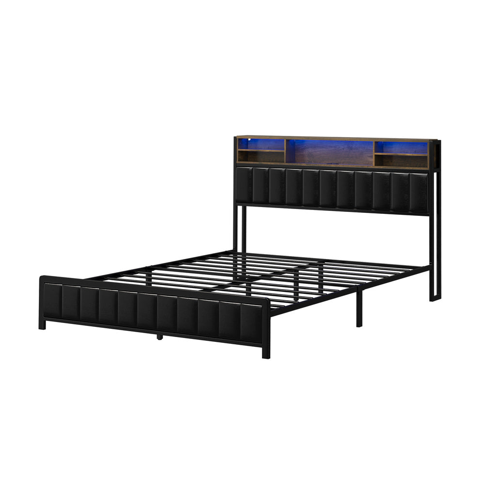 Queen Size Black Leather Bed Frame with LED Storage Bedhead