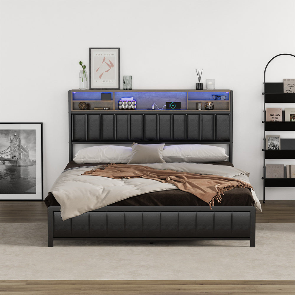 Queen Size Black Leather Bed Frame with LED Storage Bedhead
