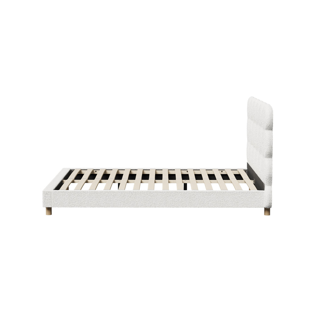 Double Bed Frame with White Boucle Fabric Tufted Bedhead