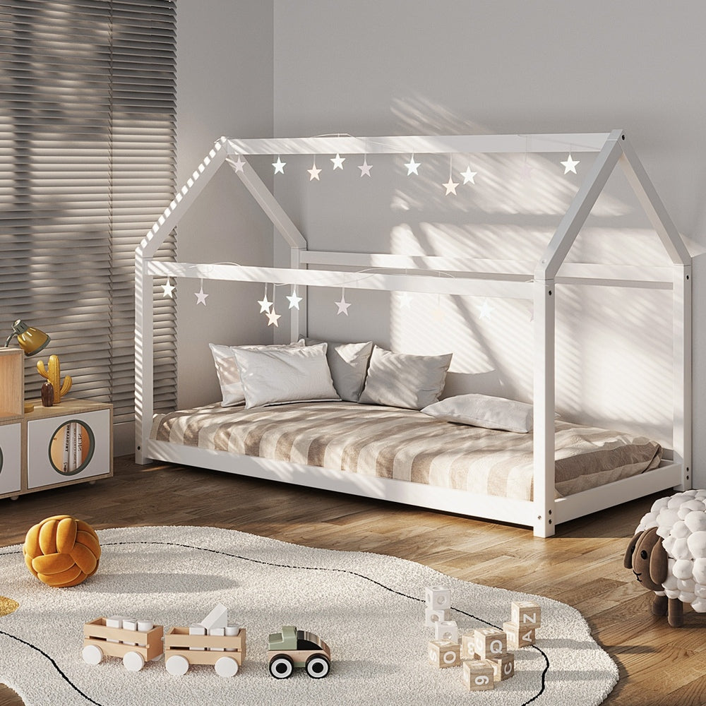 White Single Wooden Pine Timber Platform Bed Frame