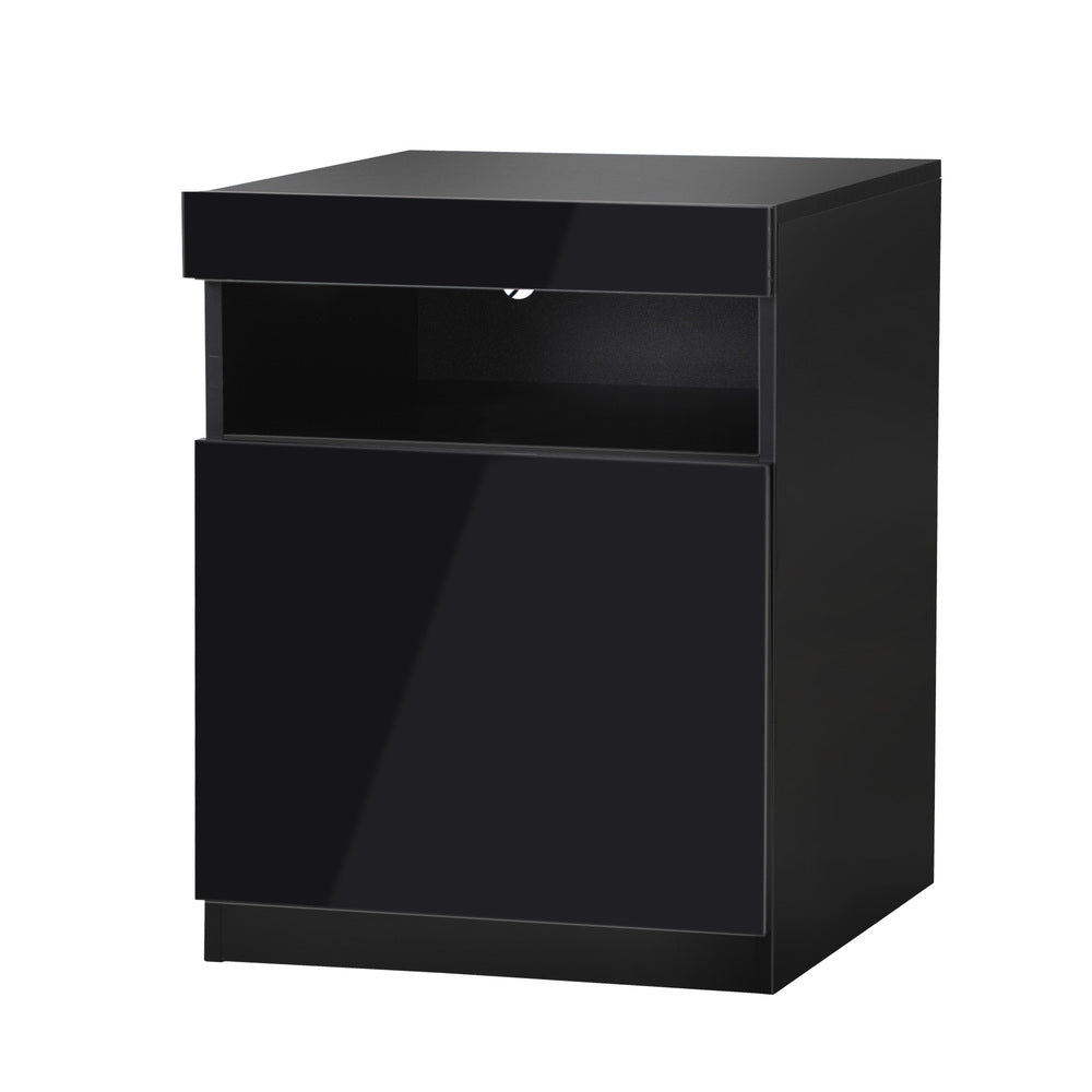 Black Bedside Table LED Nightstand with Shelf