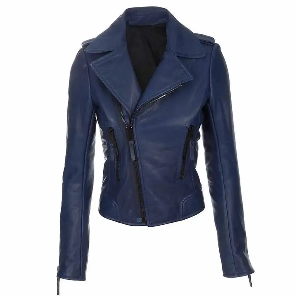 Women's Slim Fit Dark Navy Blue Leather Biker Jacket