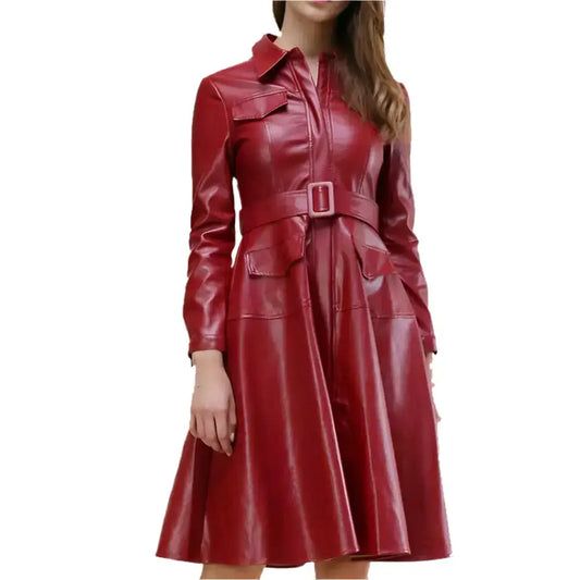 Women's Genuine Red Leather Party Dress Coat