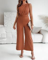 Chic One-Shoulder Sleeveless Ruched Jumpsuit with Tied Detail and Wide Leg Design