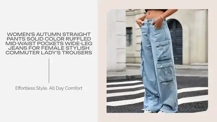 Women&#039;s Autumn Straight Pants Solid Color Ruffled Mid-Waist Pockets Wide-Leg Jeans For Female Stylish Commuter Lady&#039;s Trousers by@Outfy