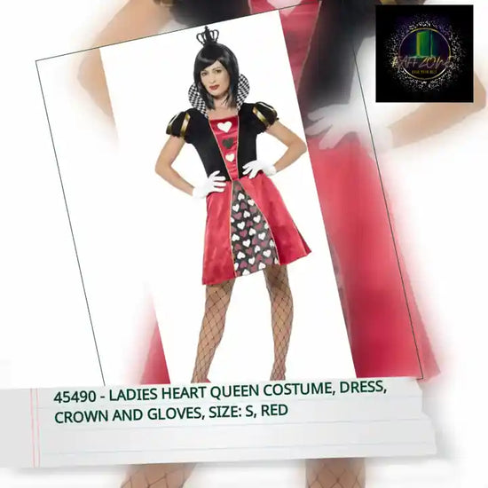 45490 - Ladies Heart Queen Costume, Dress, Crown and Gloves, Size: S, Red by@Outfy