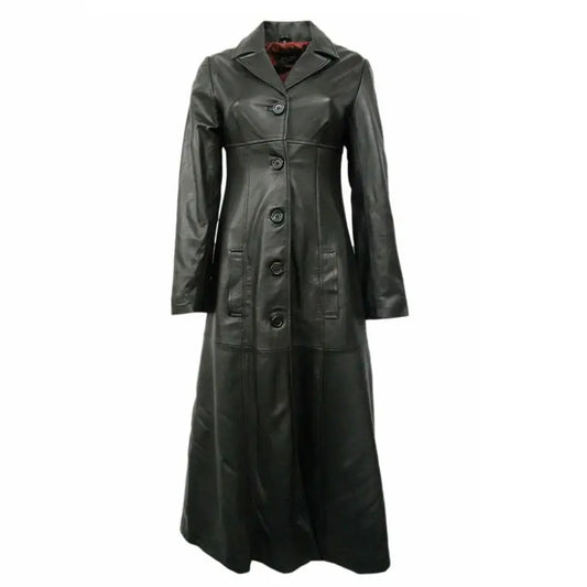 Women’s Genuine Black Leather Long Trench Overcoat